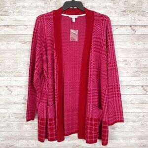 Isaac Mizrahi Live Womens Sweater Cardigan 2X Plaid Jacquard Red Pink NWOT 735A